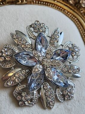 Sparkling Silver and Clear Crystal Flower Brooch Ice Blue
